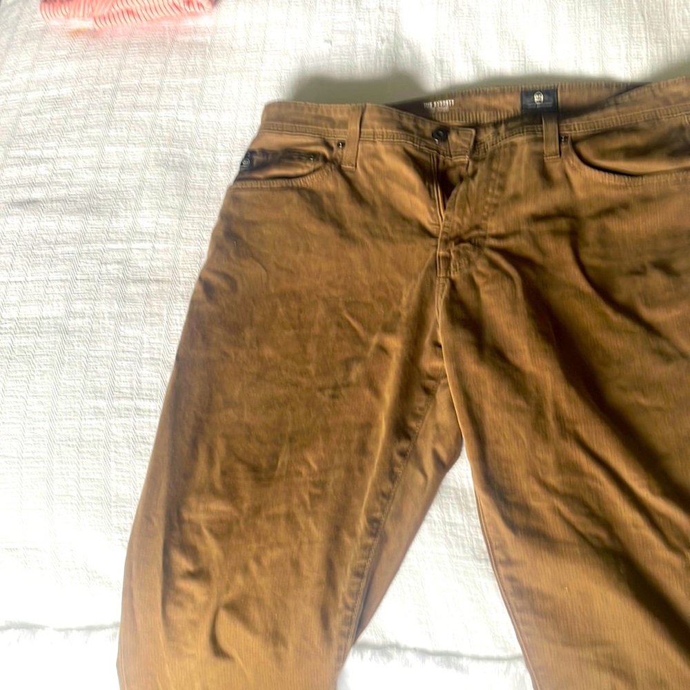 Brown 33x32 pants hemmed to a 30”.